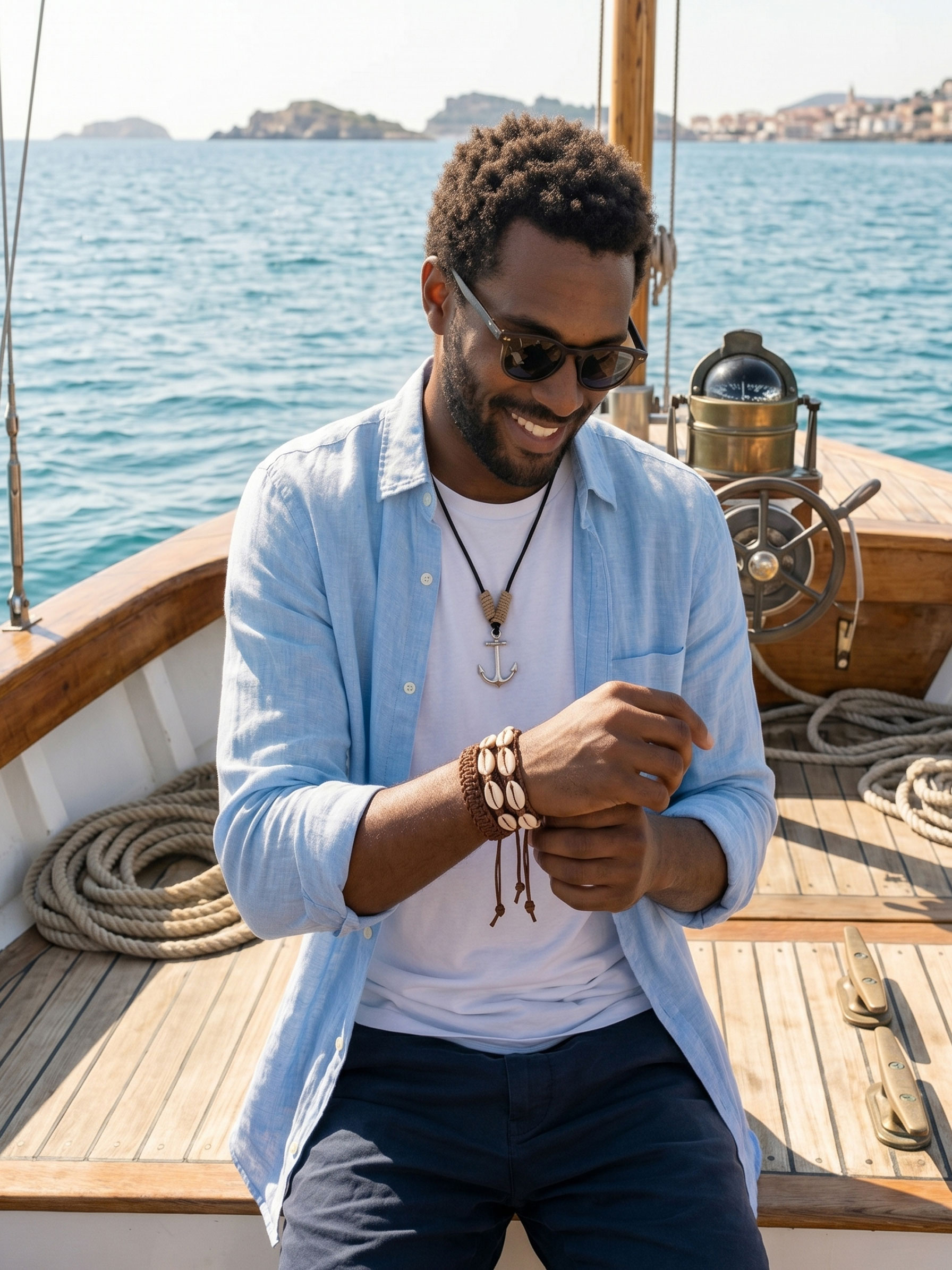 Black man wearing puka woven bracelet & anchor necklace