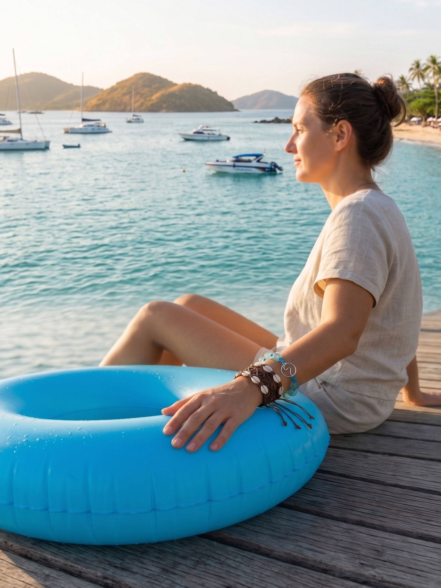 Girl sitting at the pier with tiki time jewelry woven bracelets
